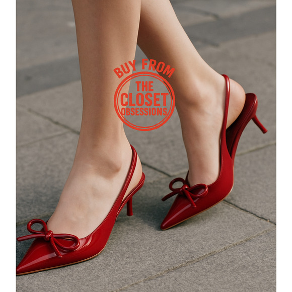 ZARA Patent Pointed Toe Slingback Heels NWT – Red Bow Pumps, Size 6.5–10 - Picture 3 of 16